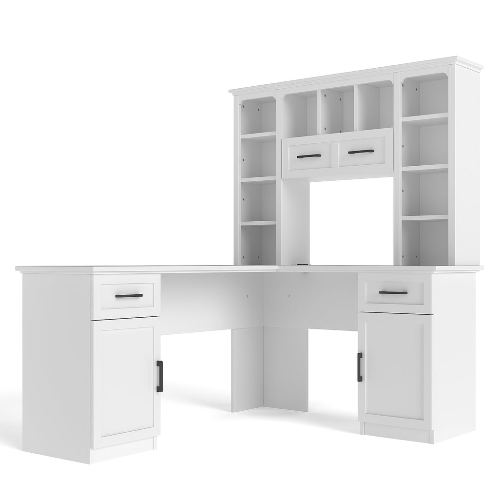 White matte L-shaped desk with integrated cabinets and shelving from Anthony & Home Signature Collection, ideal for home office use.