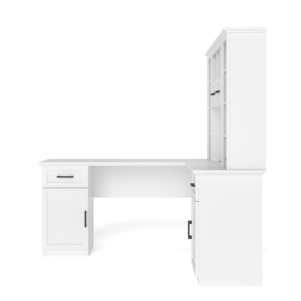 White matte L-shaped desk with cabinets and shelving from Anthony & Home Signature Collection, showcasing a modern office workspace.