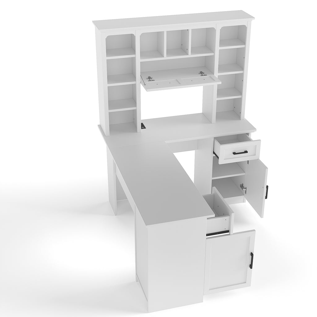 L-shaped white matte finish desk with built-in cabinets and shelving from Anthony & Home Signature Collection.