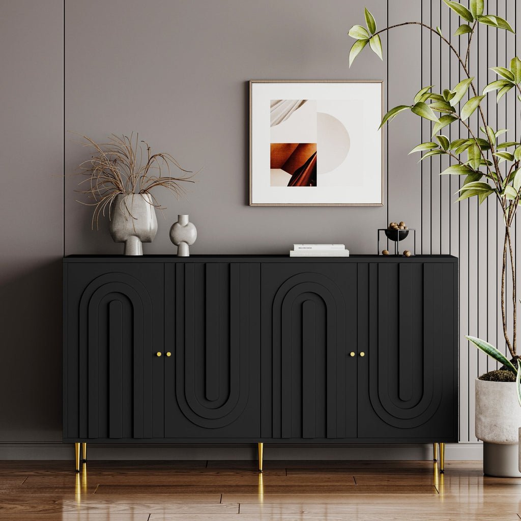 Lacquered black wood cabinet with four doors by Anthony & Home, limited edition, showcasing sleek design and polished surface.