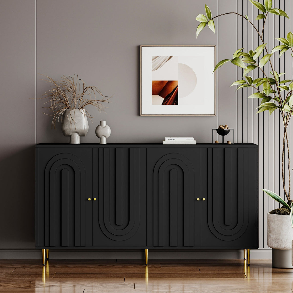 Lacquered black wood cabinet with four doors by Anthony & Home, limited edition, showcasing sleek design and polished surface.