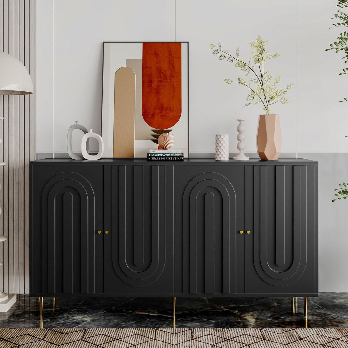 Lacquered black wood four-door cabinet by Anthony & Home, limited edition, showcasing sleek modern design and elegant finish.