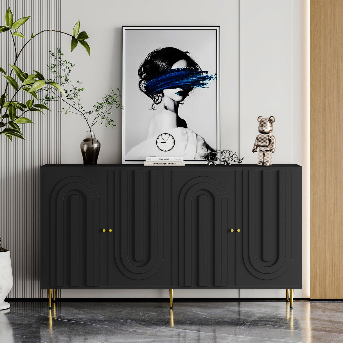 Lacquered black wood four-door cabinet by Anthony & Home with sleek, glossy finish and modern design.