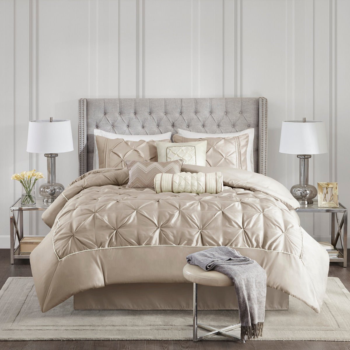 King Laurel tufted comforter set by Anthony & Home with plush fabric and tufted design, shown on a neatly made bed.