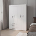 White Anthony & Home Laurens four-door wardrobe with drawers, made of melamine, part of the Signature Collection, shown with closed doors.