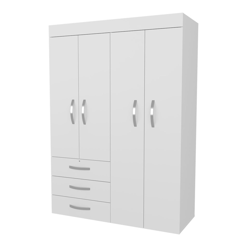 White melamine Laurens four-door wardrobe with drawers from Anthony & Home Signature Collection, showcasing sleek storage design.