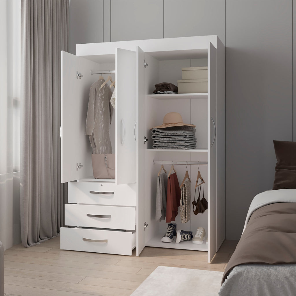 White Anthony & Home Laurens four-door wardrobe with drawers in melamine, featuring modern storage and sleek design.