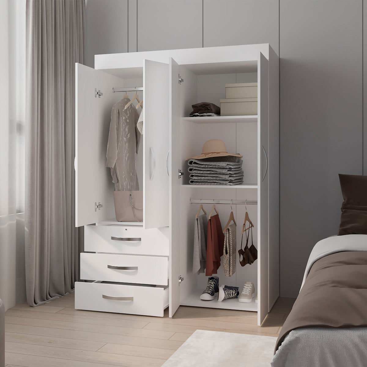 White Anthony & Home Laurens four-door wardrobe with drawers in melamine, featuring modern storage and sleek design.