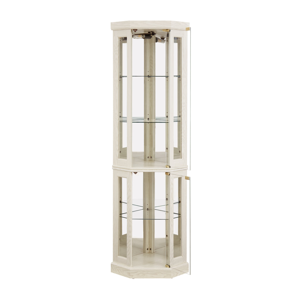 White lacquer lighted corner curio cabinet by Anthony & Home showing glass display shelves and interior lighting in a modern style.