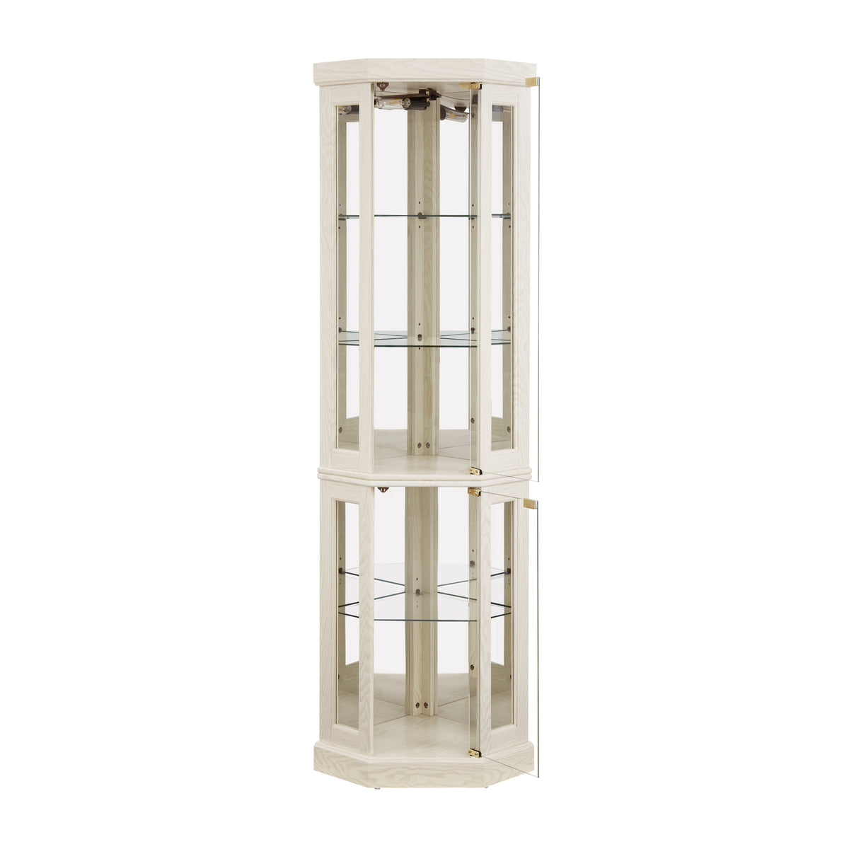 White lacquer lighted corner curio cabinet by Anthony & Home showing glass display shelves and interior lighting in a modern style.