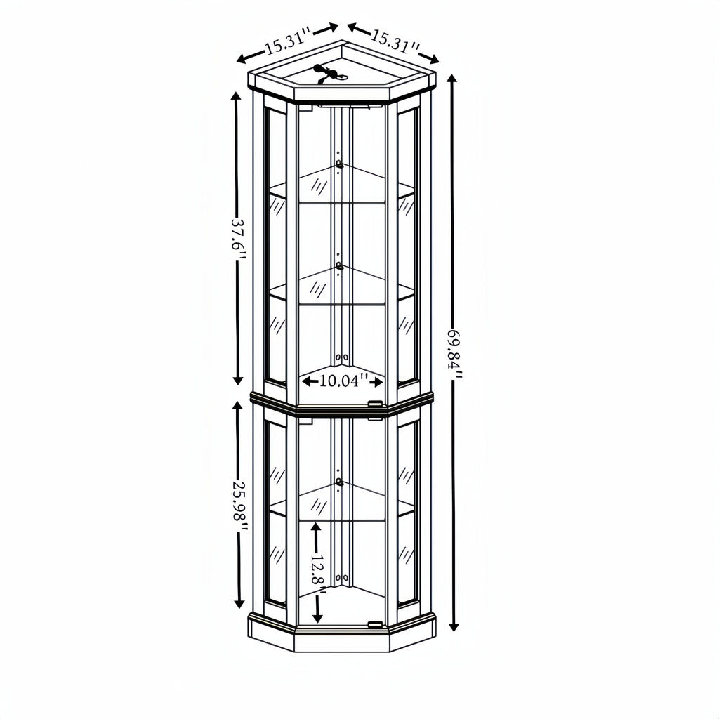 White lacquer lighted corner curio cabinet by Anthony & Home with glass display shelves and interior lighting.
