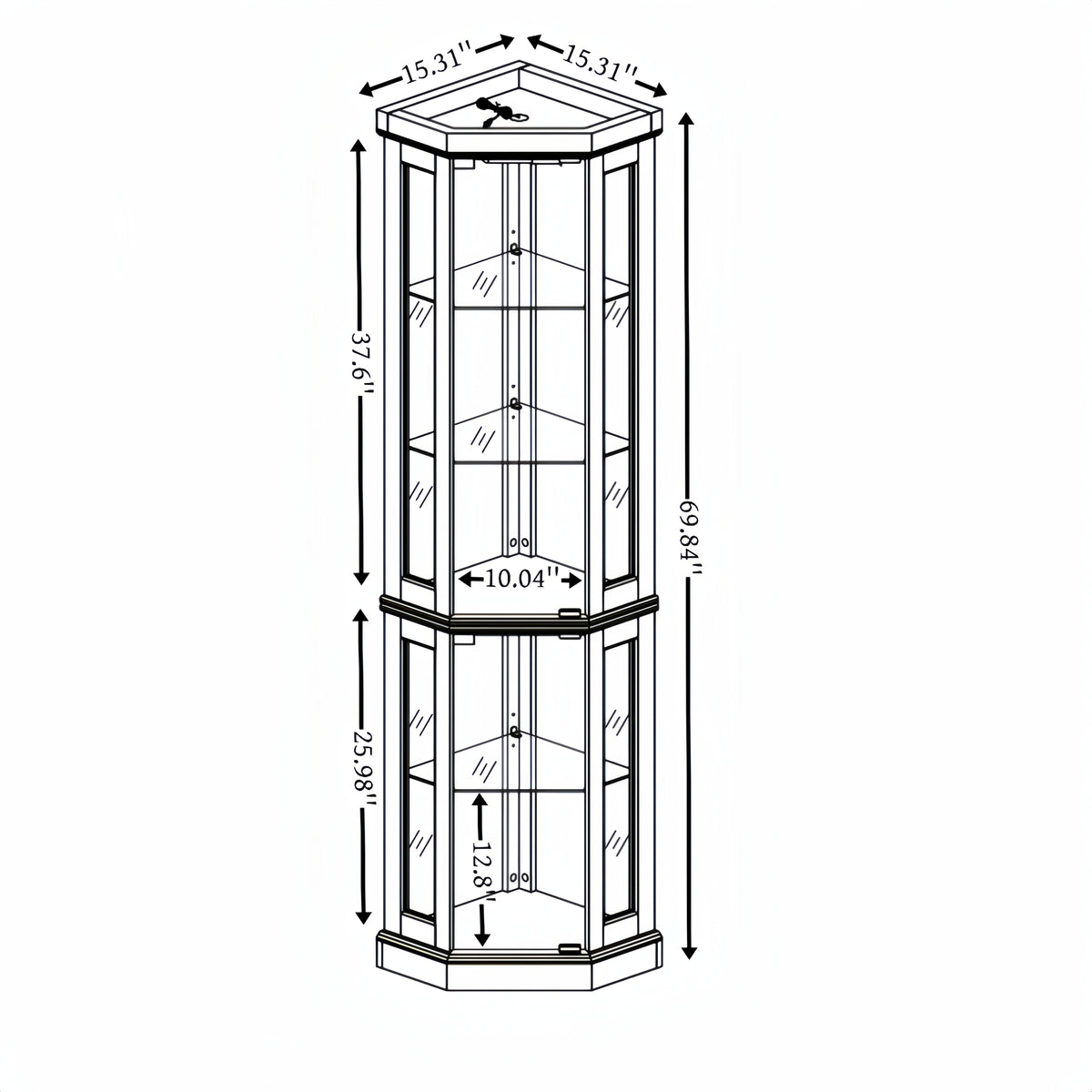White lacquer lighted corner curio cabinet by Anthony & Home with glass display shelves and interior lighting.