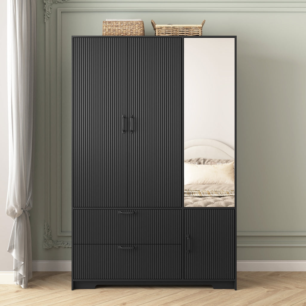 Black wood wardrobe with mirror, LED lighting, and drawers from Anthony & Home, featuring a four-door closet for bedroom storage.