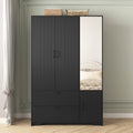 Black wood wardrobe with mirror, LED lighting, and drawers from Anthony & Home, featuring a four-door closet for bedroom storage.