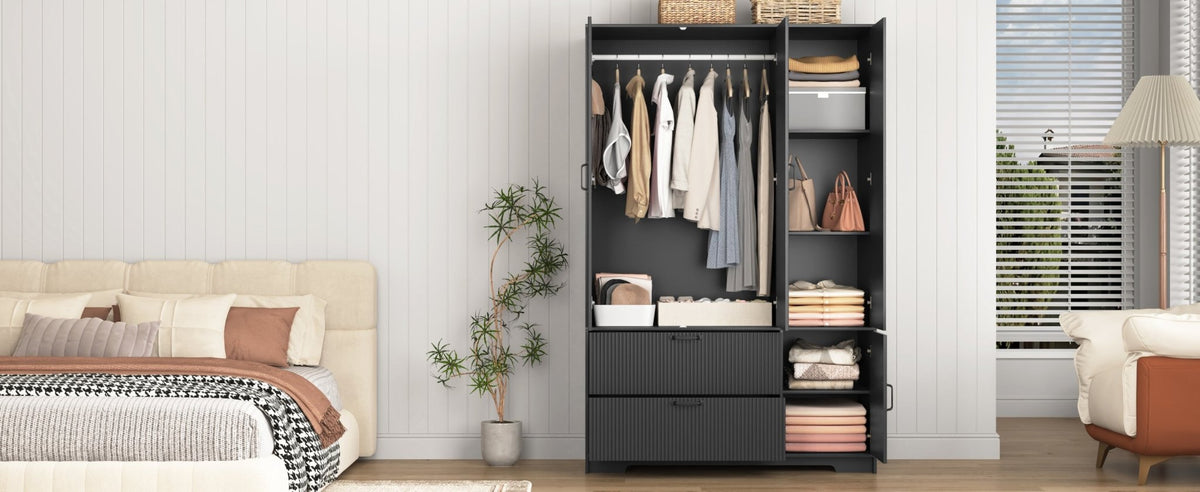 Anthony & Home black wood wardrobe with mirror, LED lighting, four doors, and drawers, ideal for bedroom storage and interior decor.