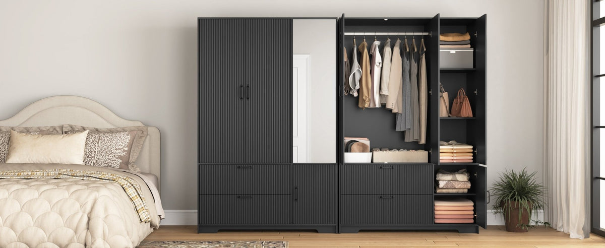 Anthony & Home black wood wardrobe with mirror, LED lighting, four doors, and drawers for bedroom storage and modern interior decor.
