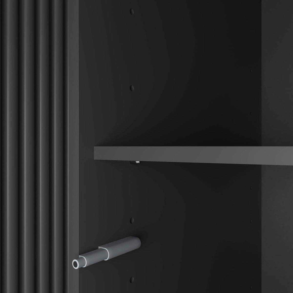 Black wood wardrobe with mirror, LED lighting, four doors, and drawers from Anthony & Home, ideal for bedroom storage.