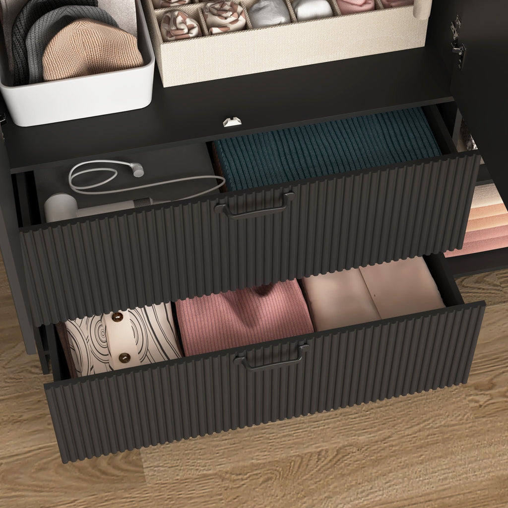 Limited black wood wardrobe with mirror, LED lighting, and drawers, featuring four doors for bedroom storage by Anthony & Home