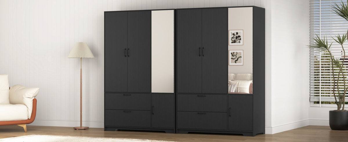 Black wood wardrobe with mirror, LED lighting, and drawers, 4-door closet for bedroom interiors by Anthony & Home.