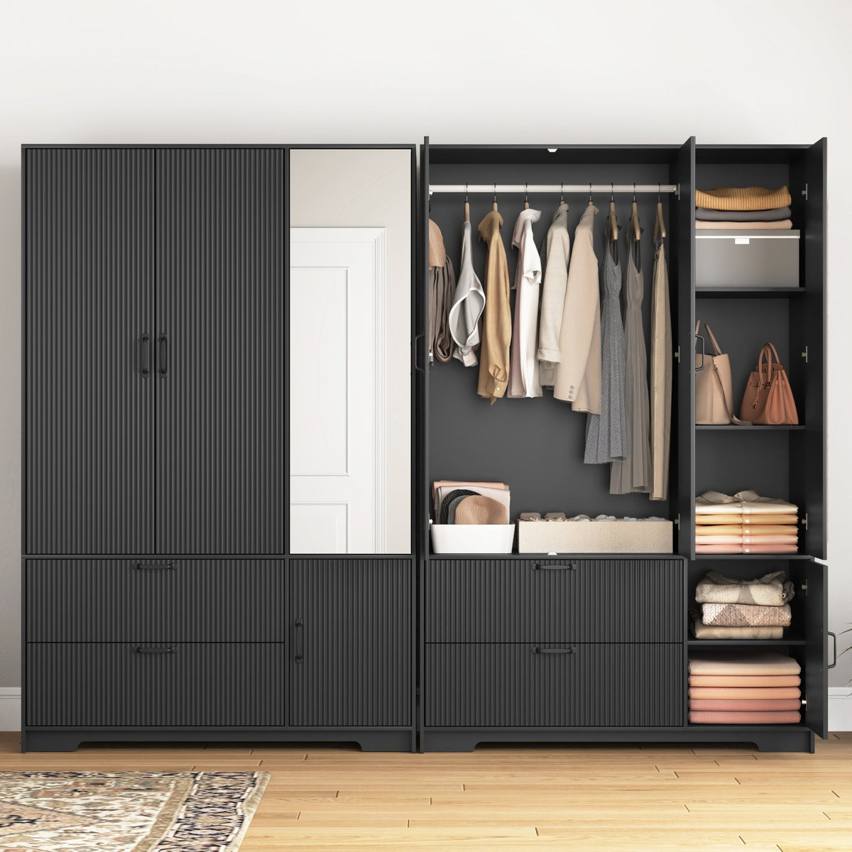 Black wood wardrobe with mirror, LED lighting, and drawers, featuring four doors for bedroom storage by Anthony & Home.
