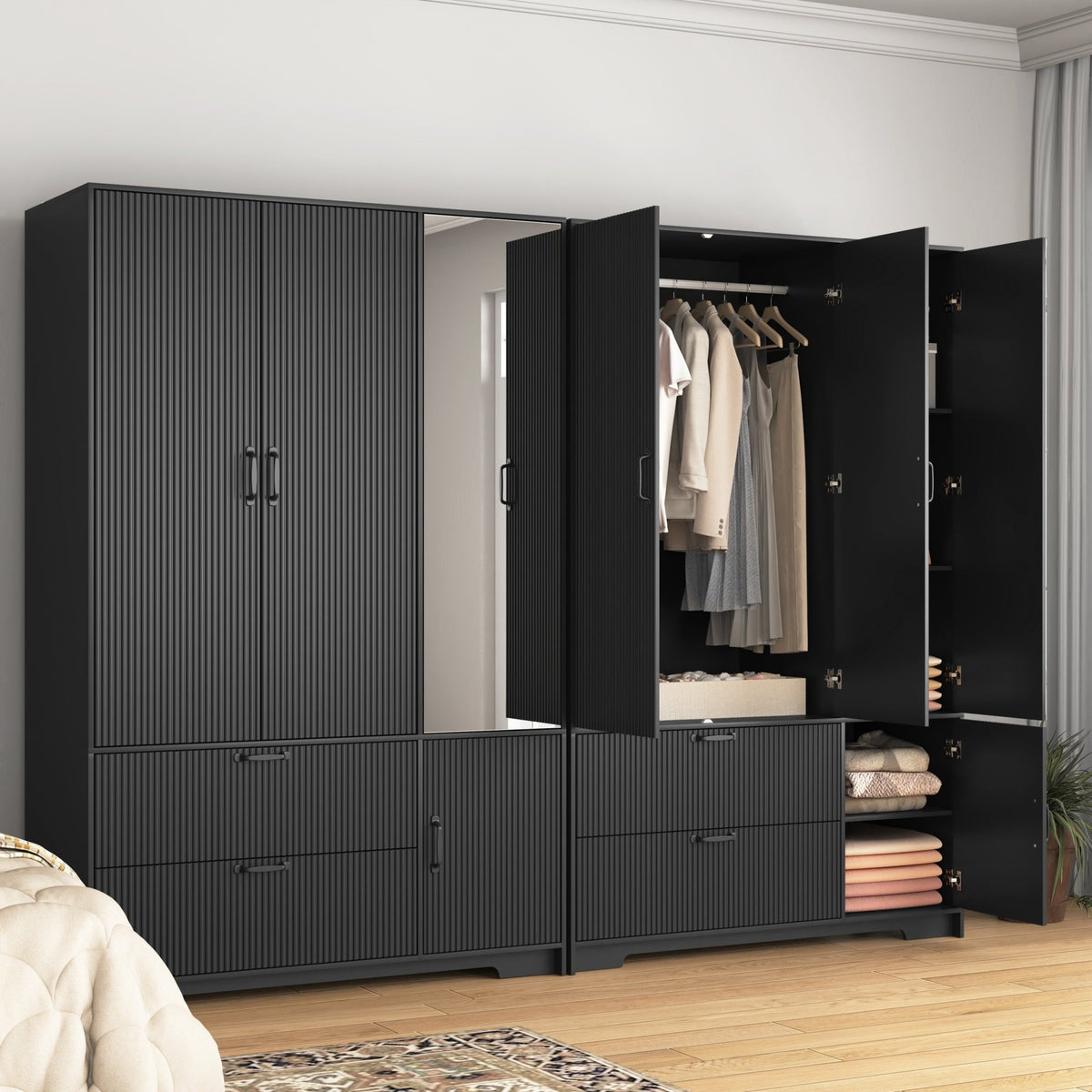 Black wood wardrobe with mirror, LED lighting, and drawers, featuring four doors for bedroom storage by Anthony & Home