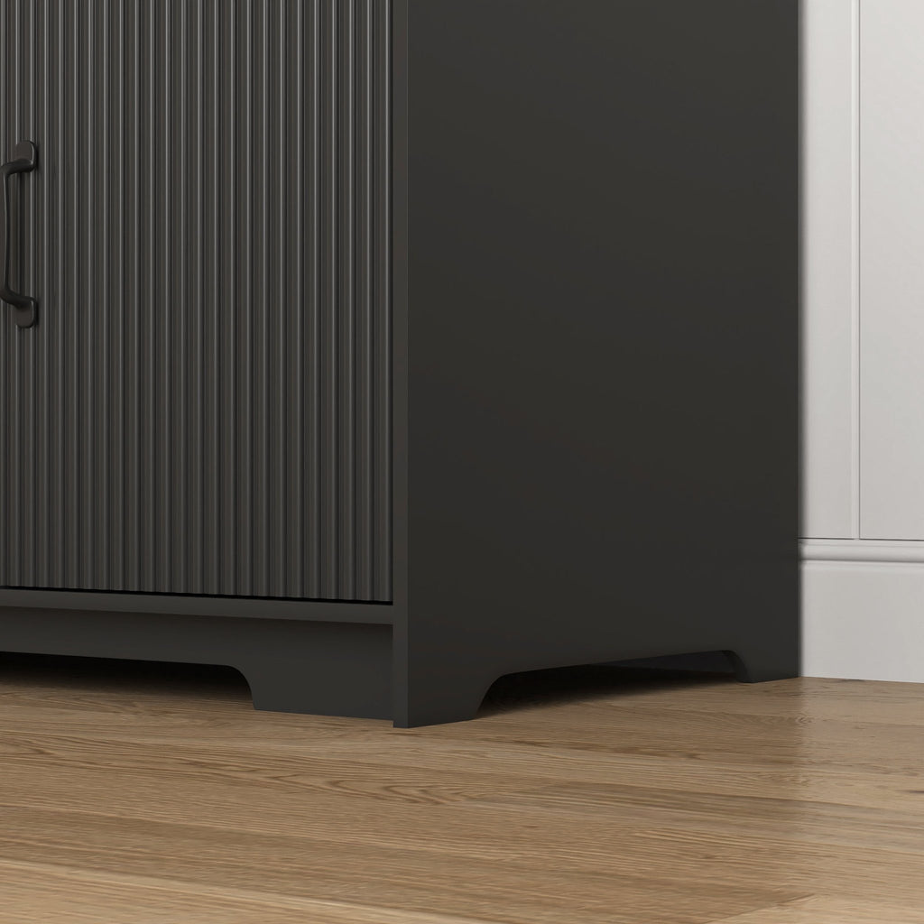 Anthony & Home black wood wardrobe with mirror, LED lighting, four doors, and drawers for bedroom storage and interior decor.
