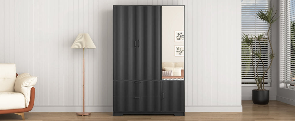 Anthony & Home black wood wardrobe with mirror, LED lighting, four doors, and drawers for bedroom storage and stylish interior.