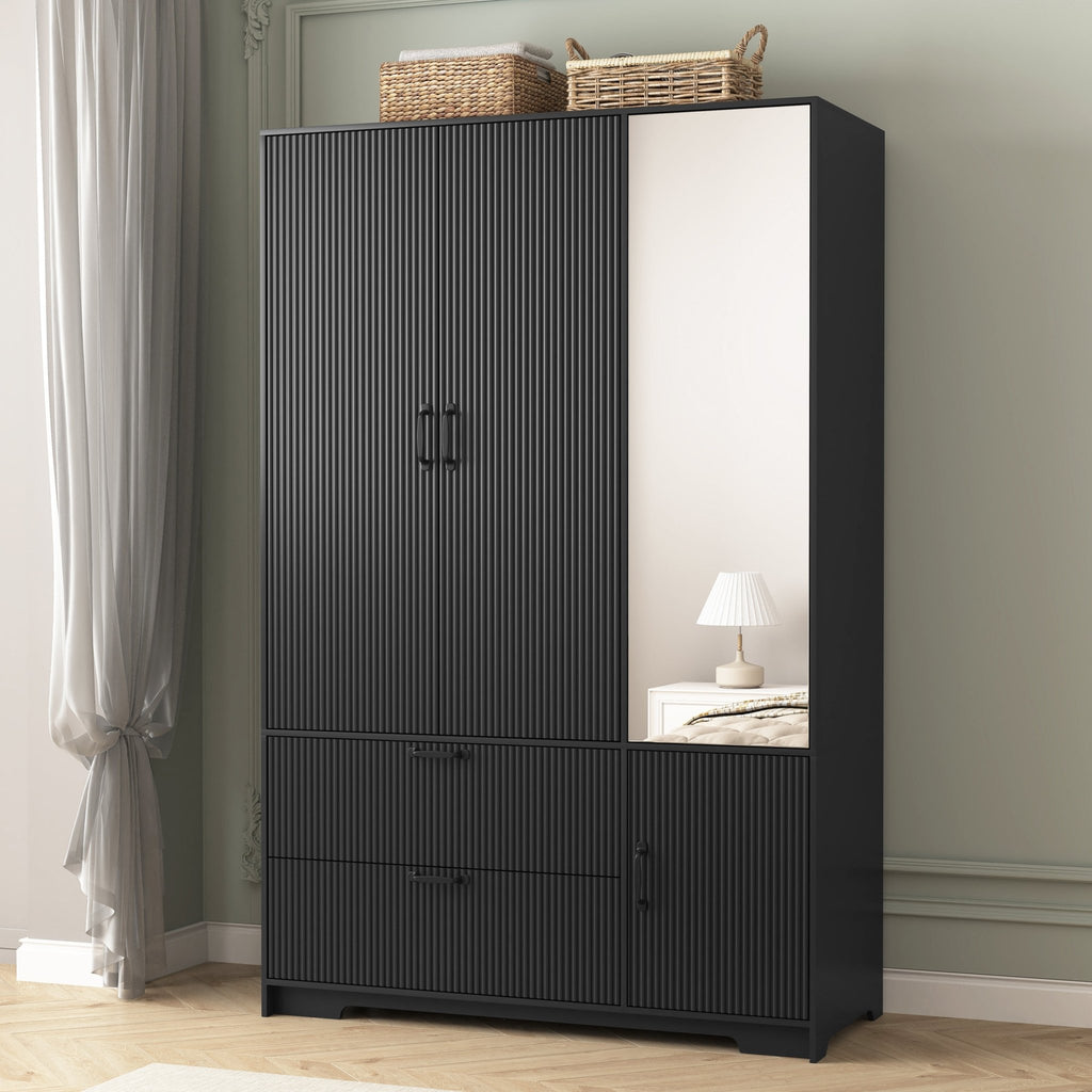 Black wood wardrobe with mirror, LED lighting, and drawers from Anthony & Home, featuring four doors for bedroom storage.