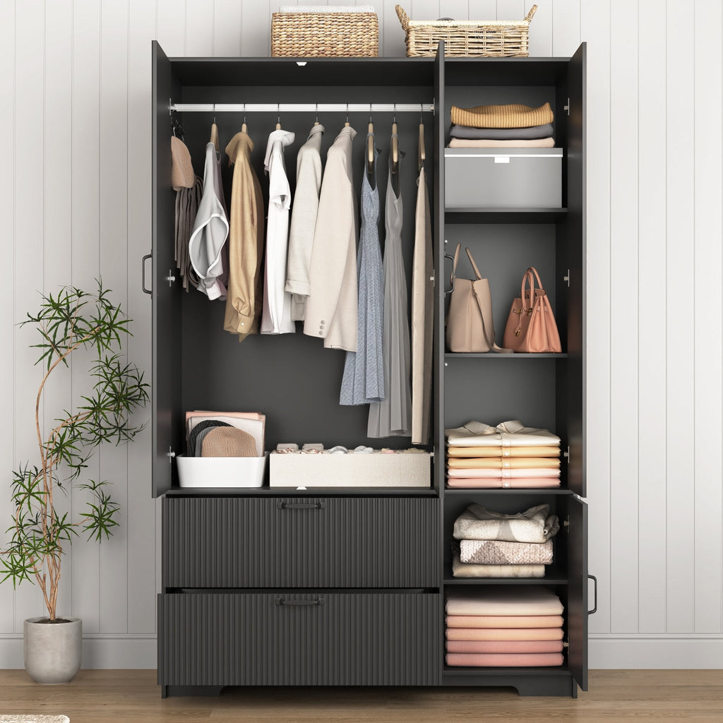 Black wood wardrobe by Anthony & Home with mirror, LED lighting, and drawers, featuring four doors for bedroom storage.
