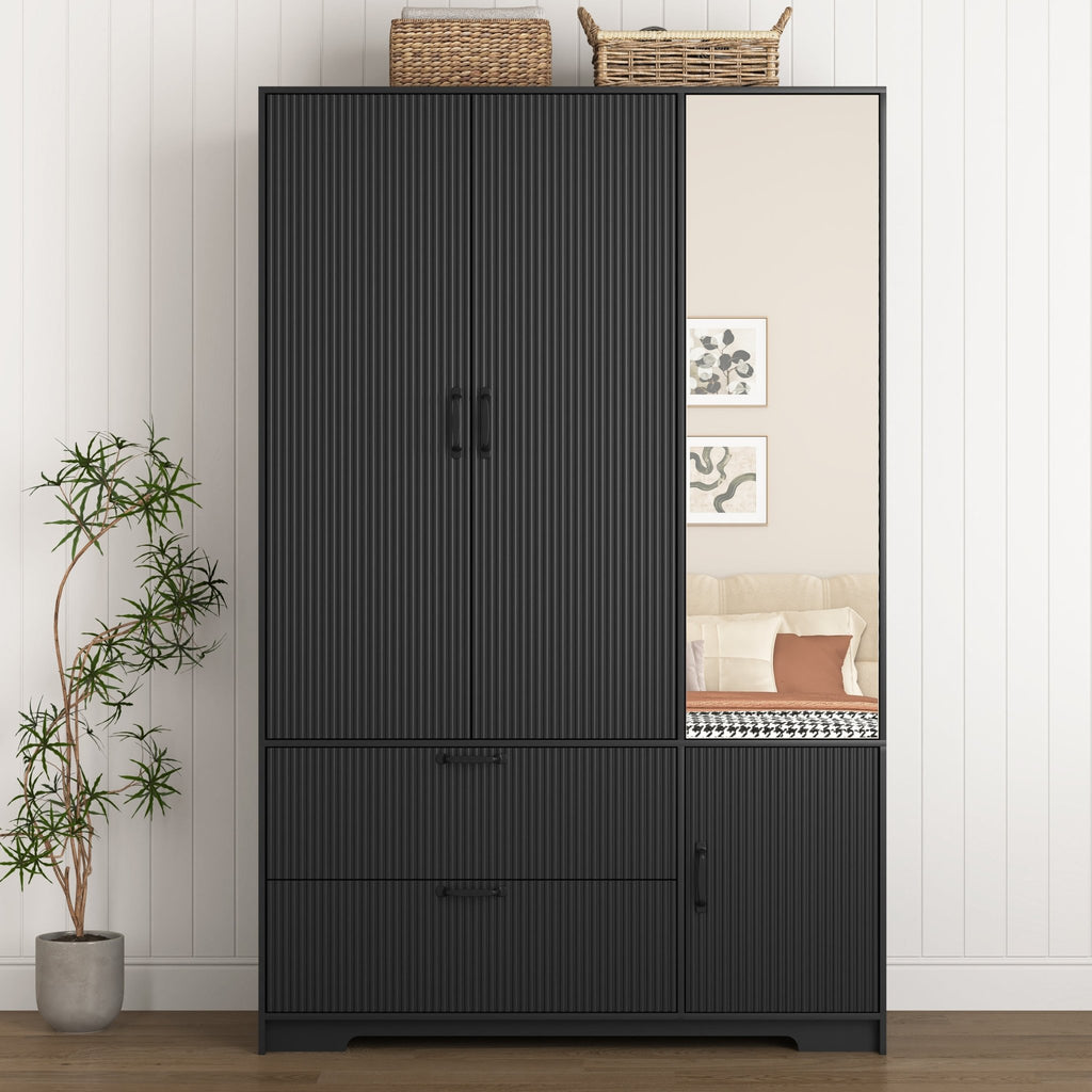 Black wood wardrobe with mirror, LED lighting, and drawers from Anthony & Home, featuring a 4-door closet for bedroom storage.