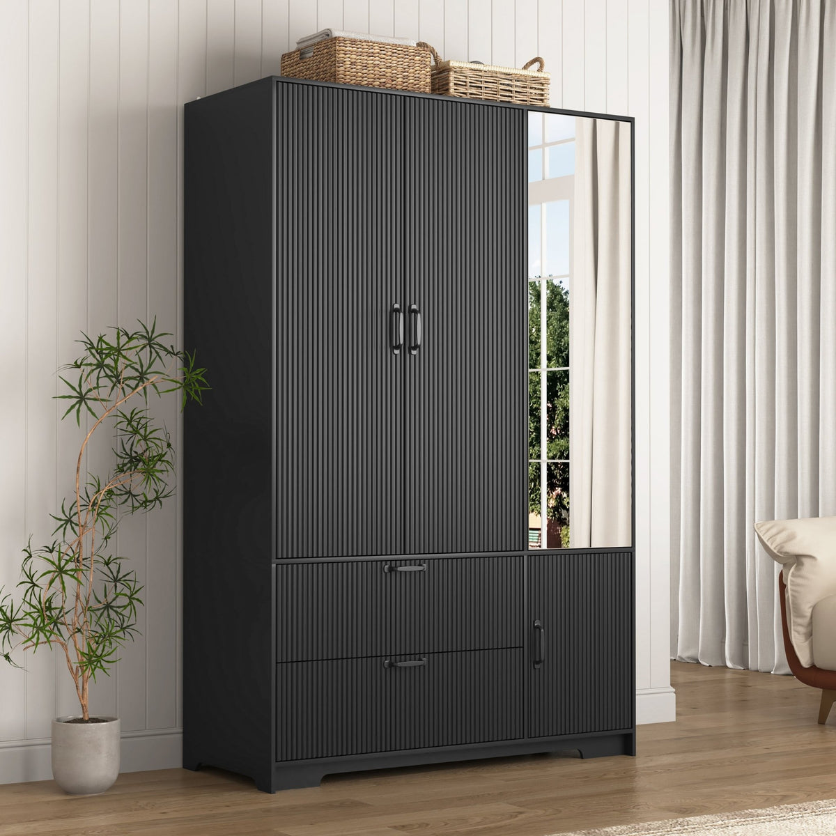 Anthony & Home black wood wardrobe with mirror, LED lighting, and drawers, four-door closet for bedroom storage.