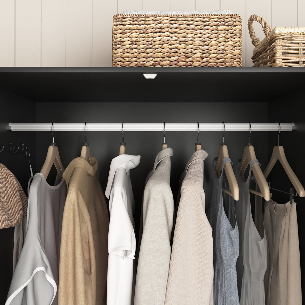 Anthony & Home black wood wardrobe with mirror, LED lighting, four doors, and drawers for bedroom storage and interior decor.