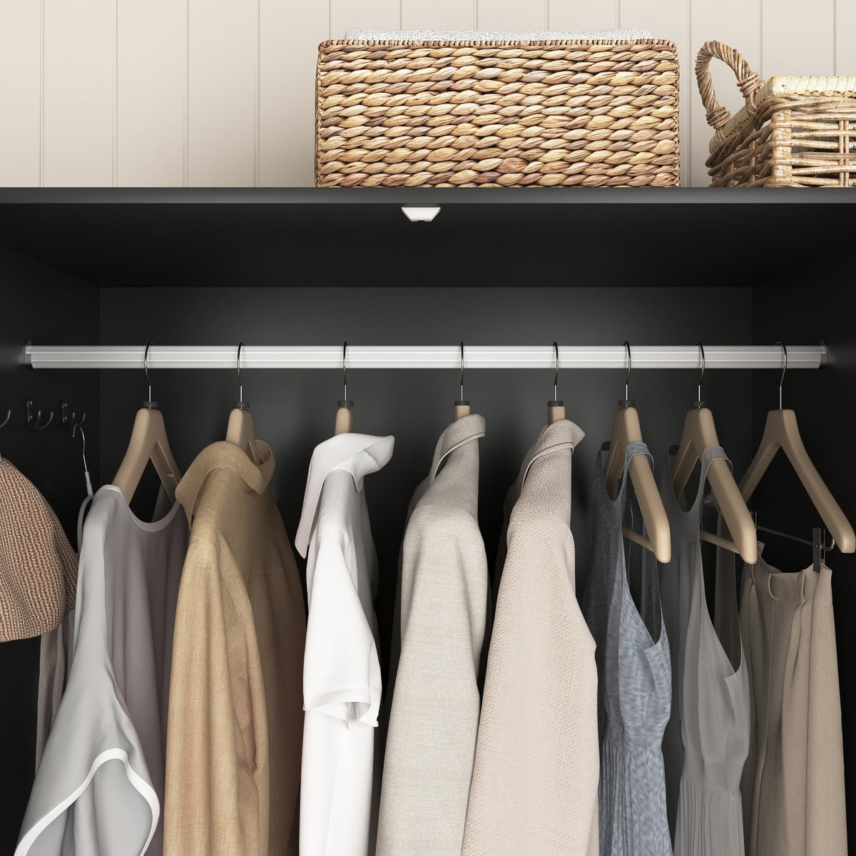 Anthony & Home black wood wardrobe with mirror, LED lighting, four doors, and drawers for bedroom storage and interior decor.