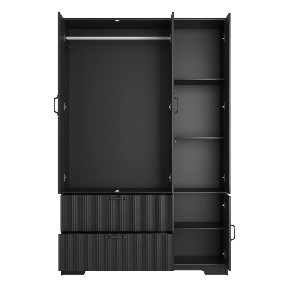 Anthony & Home black wood wardrobe with mirror, LED lighting, and drawers, four-door closet for bedroom storage.