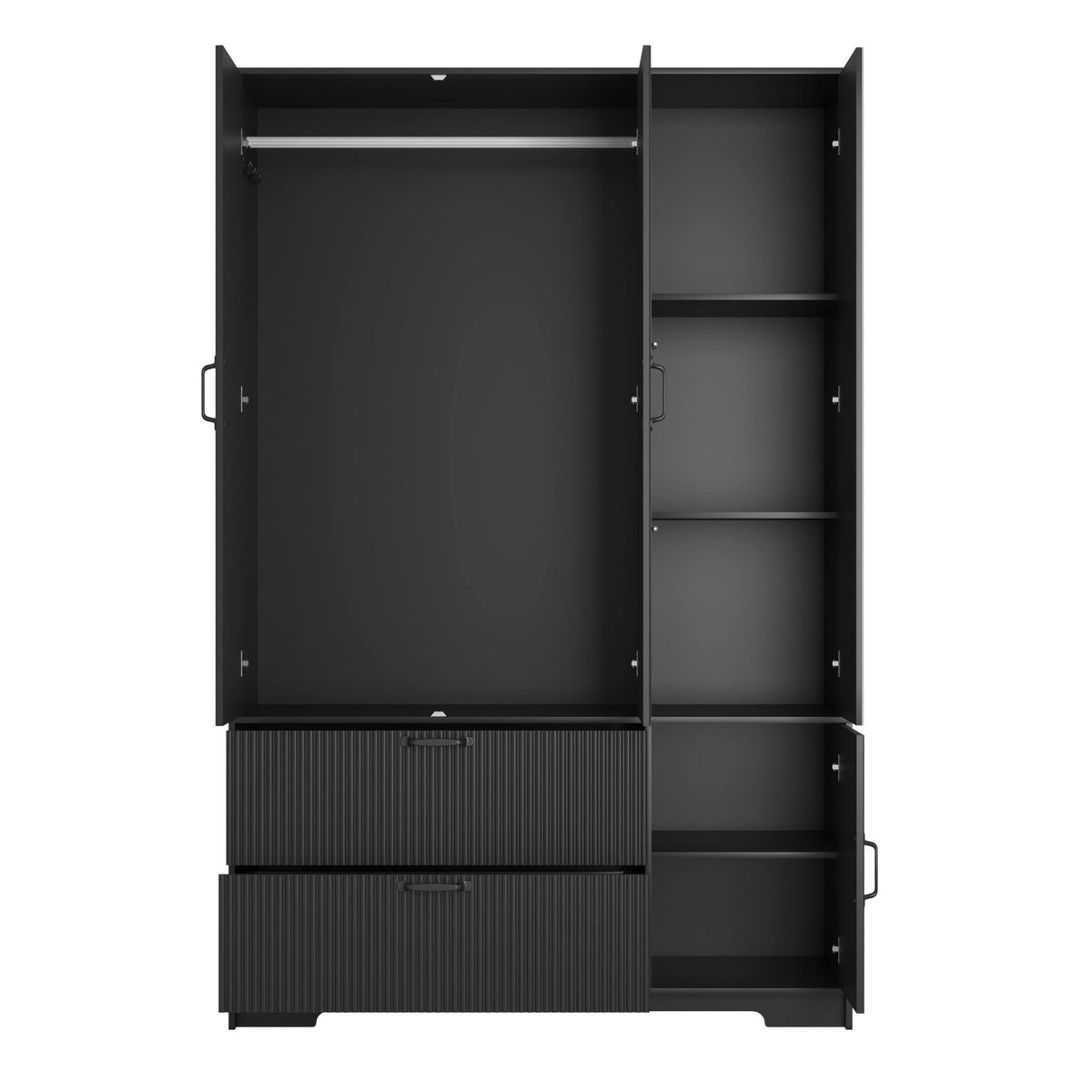 Anthony & Home black wood wardrobe with mirror, LED lighting, and drawers, four-door closet for bedroom storage.