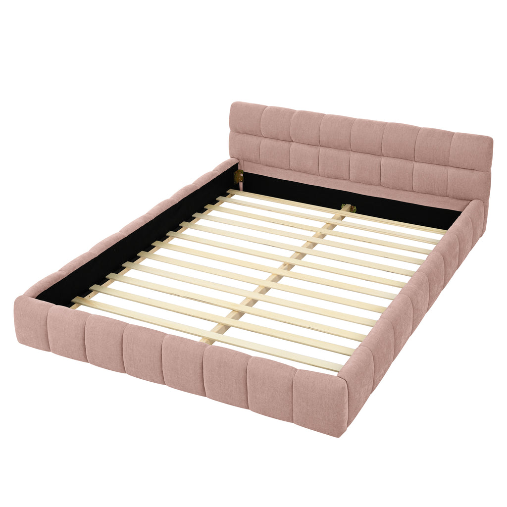 Pink upholstered Queen bed frame from Anthony & Home's Limited Chenille Collection, no box spring needed, with plush fabric and modern design.