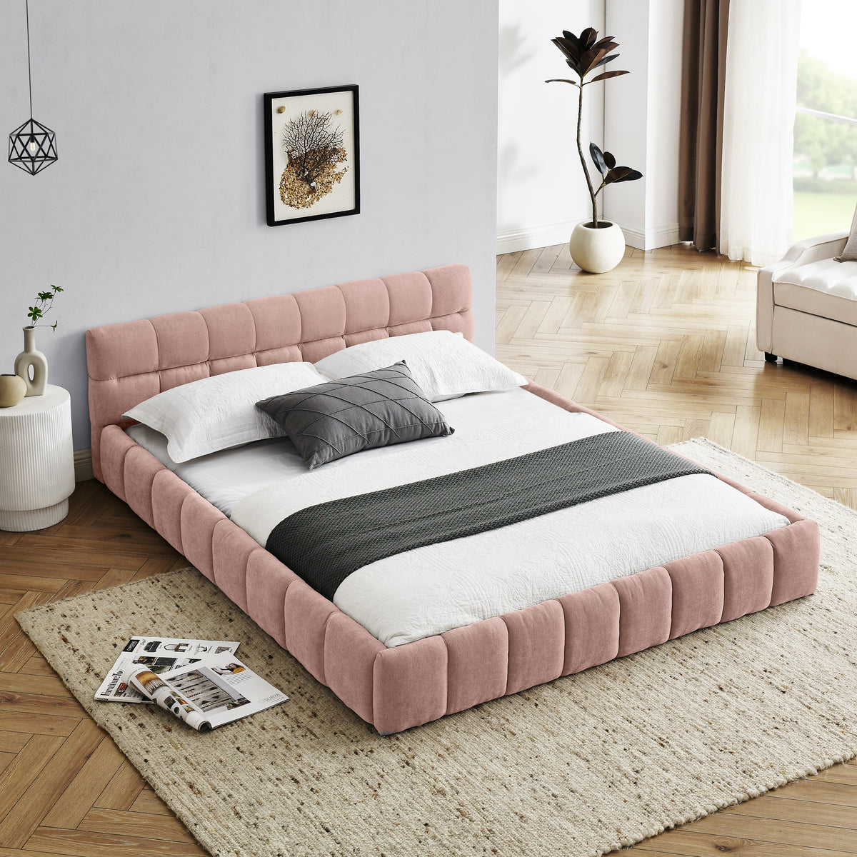 Pink upholstered queen bed frame from Anthony & Home's Limited Chenille Collection, no box spring needed, with plush fabric and sleek design.