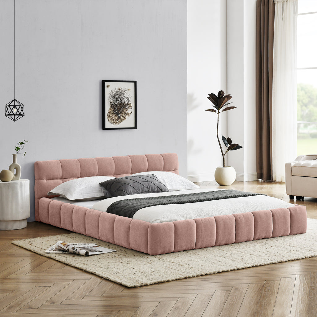 Pink upholstered queen bed frame from Anthony & Home's Limited Chenille Collection, no box spring needed, with a plush fabric finish.