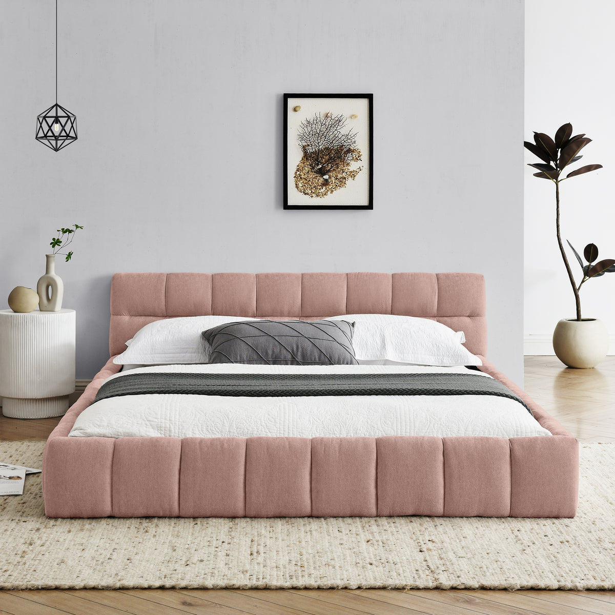 Pink upholstered queen bed frame from Anthony & Home's Limited Chenille Collection, no box spring needed, showing a plush fabric finish.
