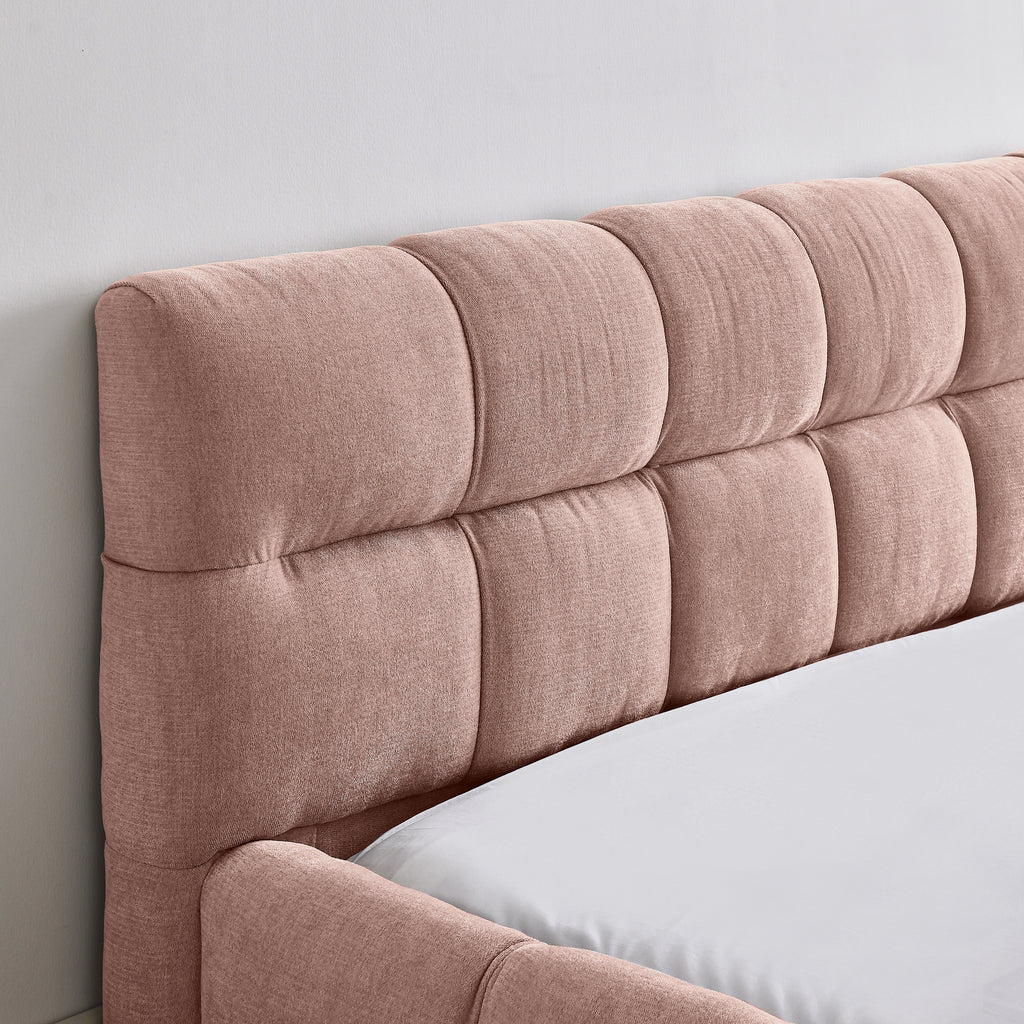Pink upholstered queen bed frame from Anthony & Home's Limited Chenille Collection, no box spring needed, stylish and comfortable.