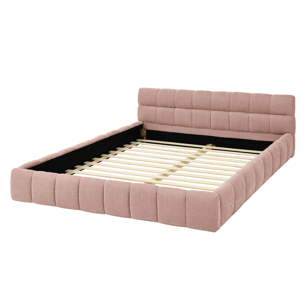 Pink upholstered queen bed frame from Anthony & Home's Limited Chenille Collection, no box spring needed, with plush fabric and modern design.