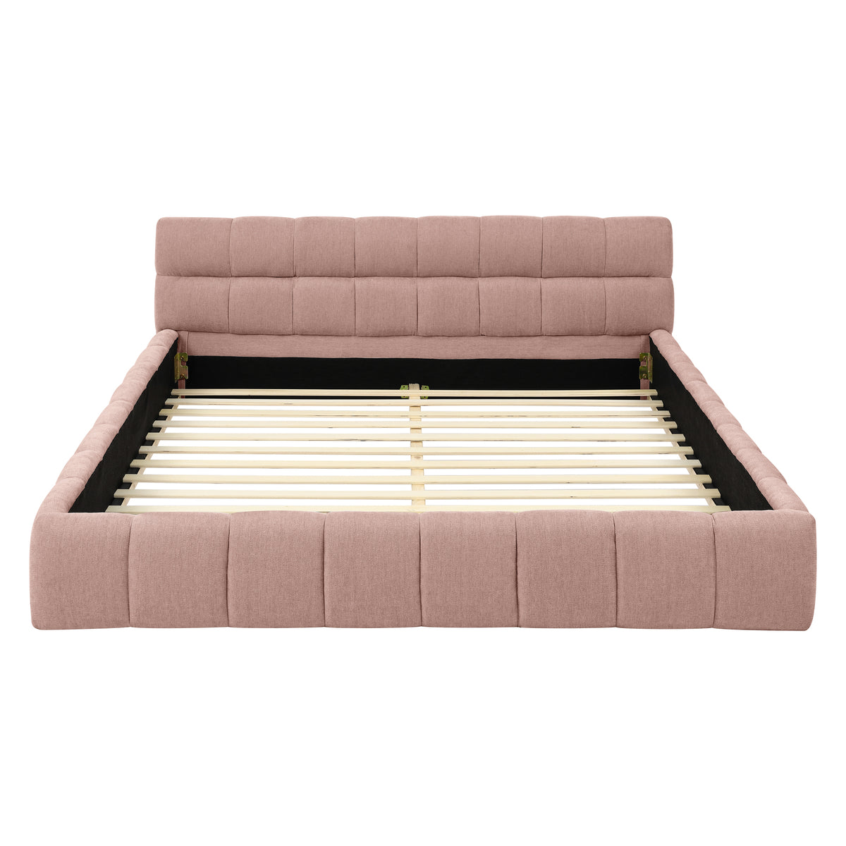 Pink upholstered queen bed frame from the Limited Chenille Collection by Anthony & Home, no box spring needed, with a plush fabric finish.