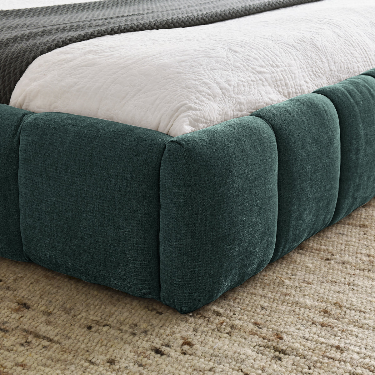 Anthony & Home Limited Chenille Collection queen upholstered bed frame with stylish headboard, showcasing soft chenille fabric and elegant design.