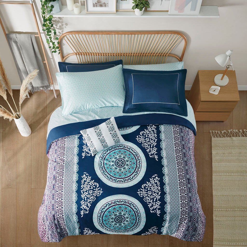 Anthony & Home Limited Collection Boho Full Comforter Set with colorful patterned fabric and matching pillow shams on a bed.