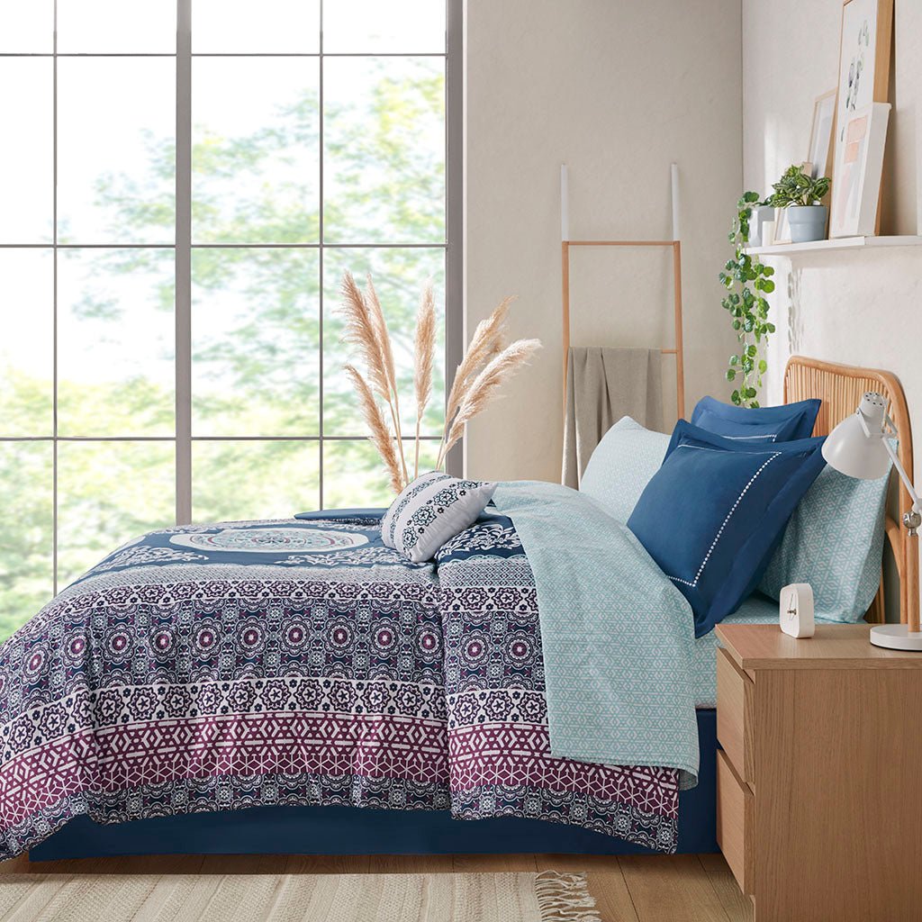 Anthony & Home Limited Collection Boho Full Comforter Set with colorful, patterned fabric, displayed on a bed in a cozy bedroom.