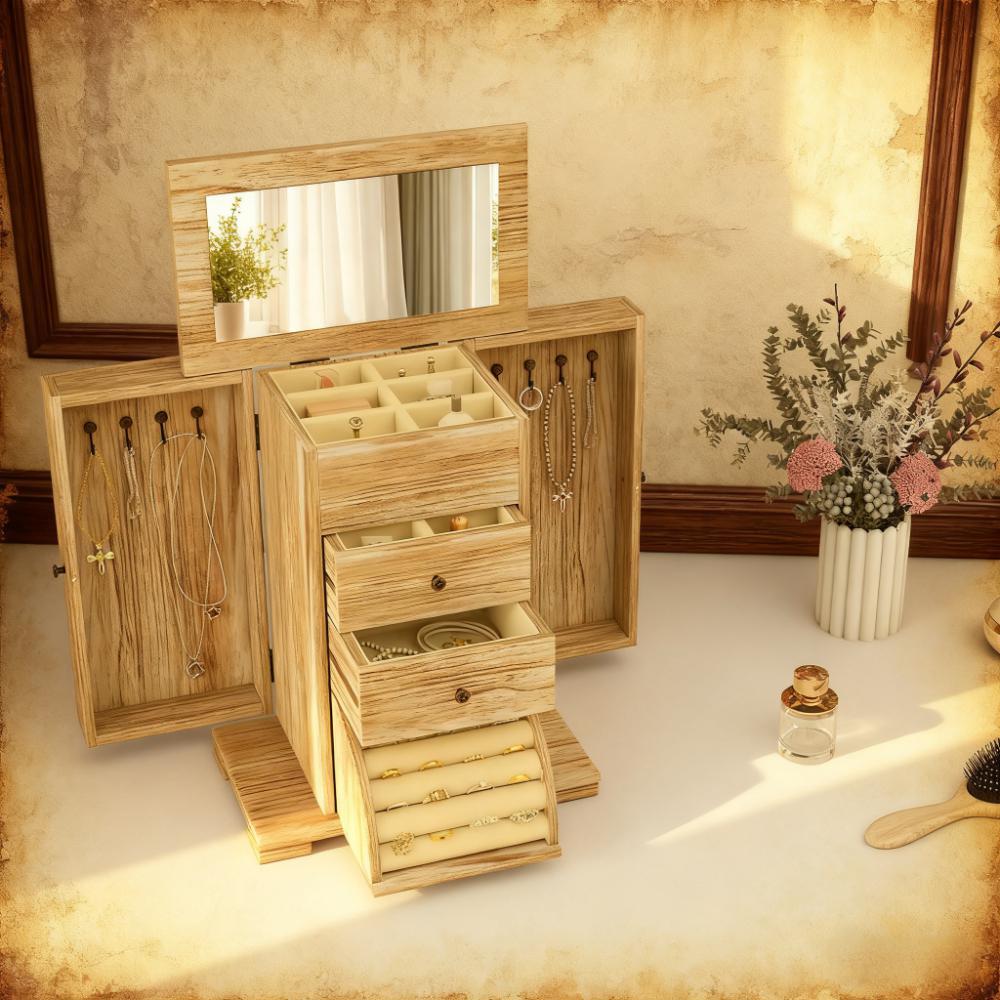 Limited edition Anthony & Home Atelier Paulownia wood jewelry box with intricate carvings and a smooth finish.