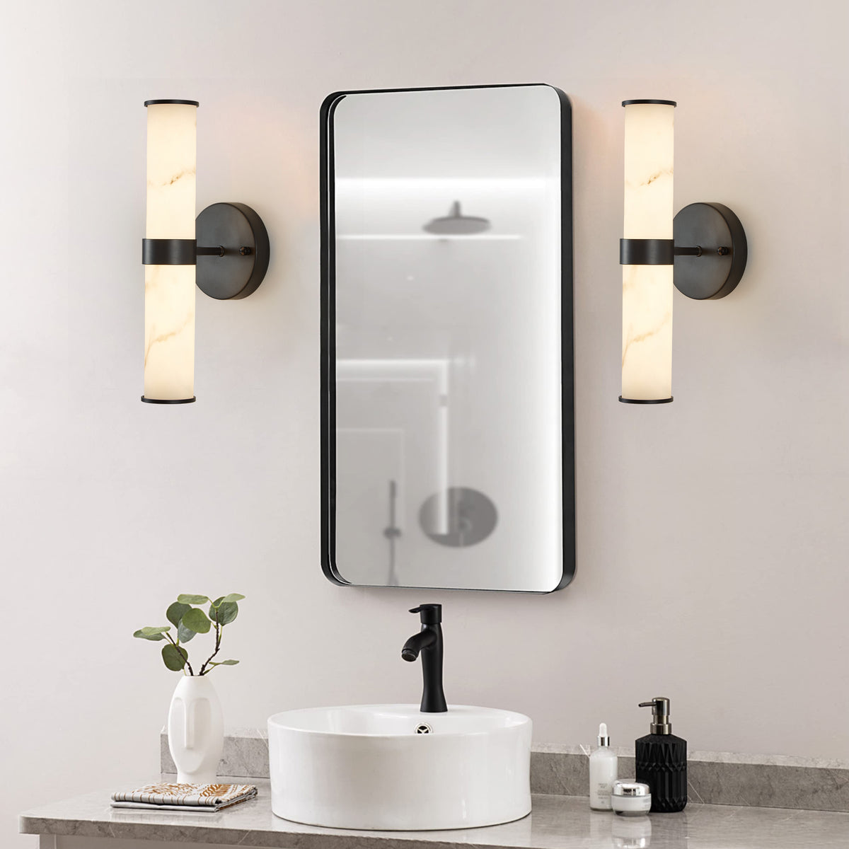 Limited edition Atelier resin marble wall sconce set in matte black iron frames, stylish and modern lighting for walls.