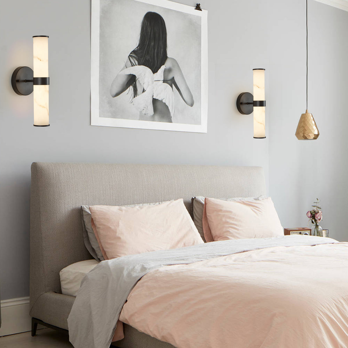 Limited edition Atelier resin marble wall sconces set of 2 with matte black iron frames by Anthony & Home, showcasing modern design.