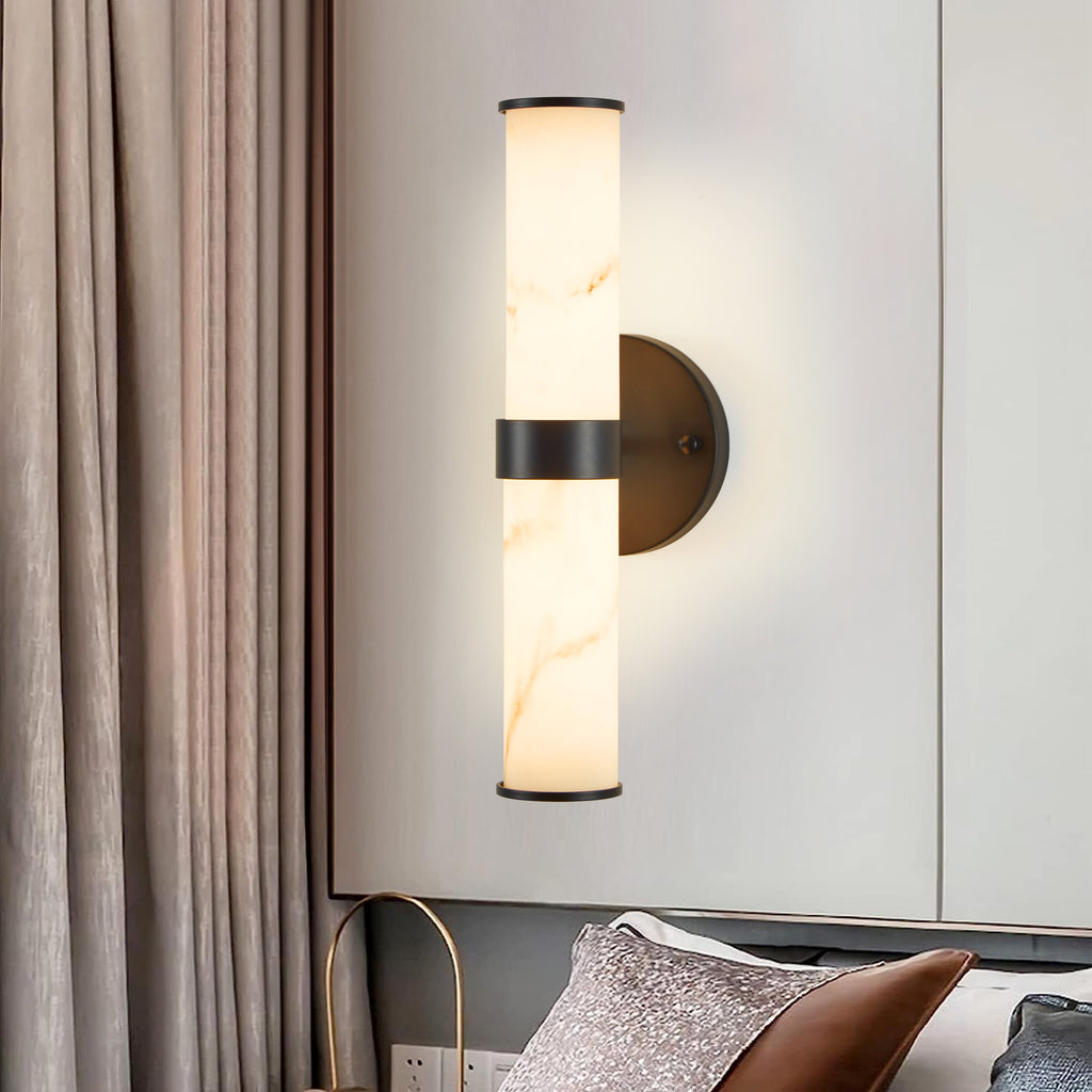 Pair of Atelier resin marble wall sconces in matte black iron frames, designed by Anthony & Home for stylish lighting decor.