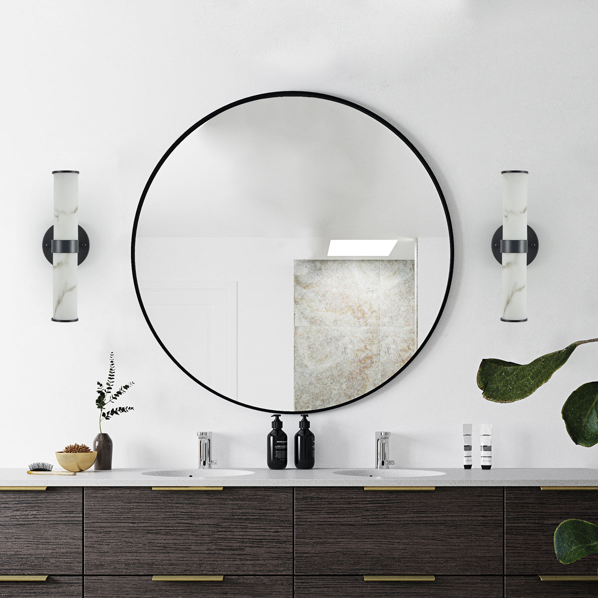 Limited edition Atelier resin marble wall sconces set of 2 with matte black iron frames by Anthony & Home.